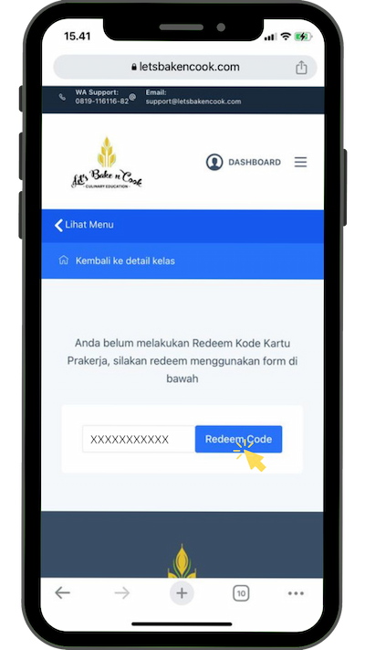 11. Akan muncul tampilan redeem code. Silahkan masukkan Redeem Code yang ada di Dashboard Prakerja (di kelas aktif). Lalu klik REDEEM CODE