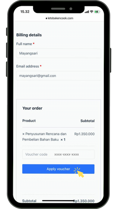 7. Scroll ke bawah masukkan kembali kode voucher pada kolom voucher code, lalu klik APPLY VOUCHER