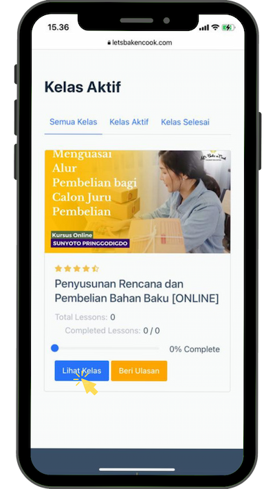 9. Tampilan sudah di dashboard account, scroll sampai bawah hingga muncul pelatihan yang sudah dibeli. Lalu klik LIHAT KELAS